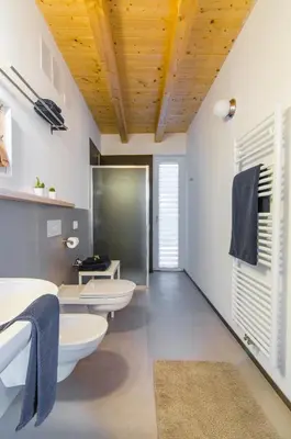 a bathroom with two sinks and two toilets at B&B Lupo in Cavareno