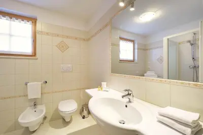 a bathroom with a sink and a toilet and a mirror at Appartamenti Casa Salesai in Carano