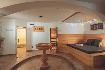 a sauna with a bed and a table in a room at Aparthotel Majestic in Predazzo