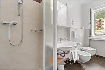 a bathroom with a shower and a sink and a toilet at Residence Lagorai in Tesero