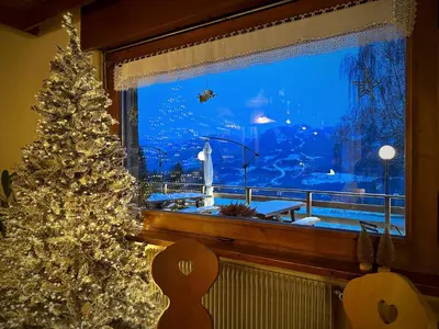 a christmas tree in front of a window with an aquarium at Hotel Garni Edy in Daiano