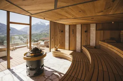 a large room with a view of a mountain at Hotel Hohenwart in Schenna
