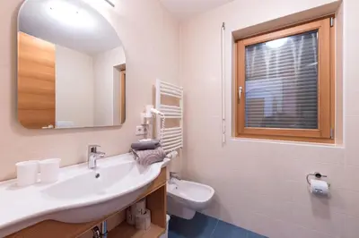 a bathroom with a sink and a toilet and a mirror at Roderhof in Braies