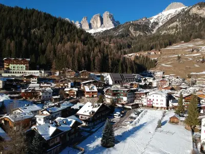 an aerial view of a village in the mountains at Aliza in Campitello di Fassa