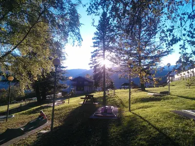 a park with a picnic table in the grass at Hotel Serenella in Canale San Bovo