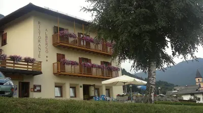 a building with a balcony with flowers on it at Hotel Serenella in Canale San Bovo