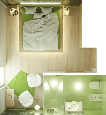 two pictures of a bathroom with a bed and toilets at Hotel B&B Andreas in Canazei