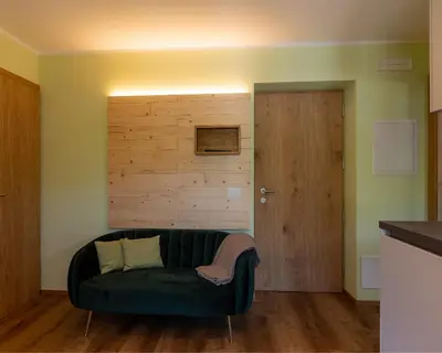 a living room with a green couch and a wooden door at Residence Soratru in San Vigilio Di Marebbe