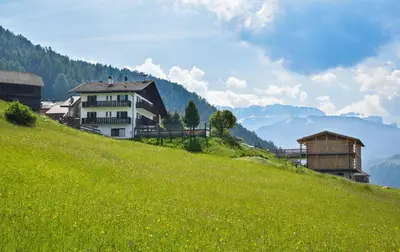 a house on the side of a green hill at Albergo Somont in Ortisei