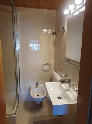 a bathroom with a toilet and a sink and a shower at Soroea in San Vigilio Di Marebbe