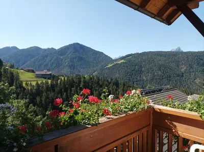 a balcony with flowers and mountains in the background at Soroea in San Vigilio Di Marebbe