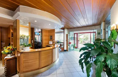 a lobby with a reception counter and a plant at Hotel Tiffany in Merano
