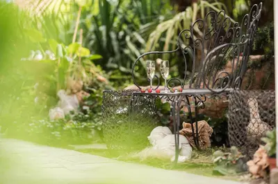 a bench with wine glasses on it in a garden at Pension Monika in Lagundo