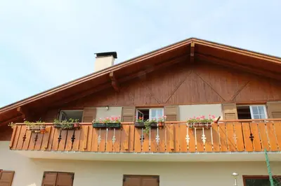 a house with a balcony with flowers on it at Appartamento Widmann in Coredo