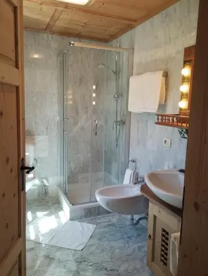 a bathroom with a shower and a sink at Schlosswirt Forst in Lagundo