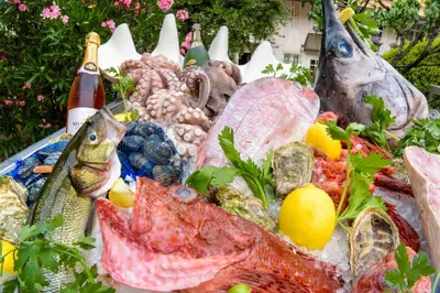a plate of food with seafood and a bottle of wine at Hotel Ristorante Lewald in Bolzano
