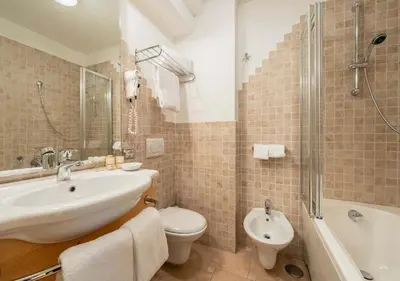 a bathroom with a sink and a toilet and a shower at Parc Hotel Victoria in Cortina dʼAmpezzo