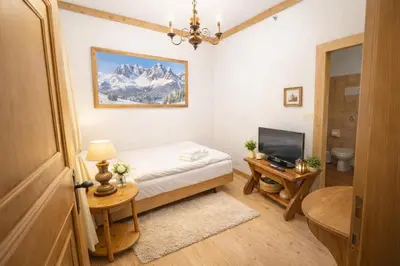 a bedroom with a bed and a television and mountains at Parc Hotel Victoria in Cortina dʼAmpezzo