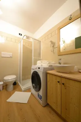 a bathroom with a washing machine and a sink at Casa Cucciolo Falcade in Falcade
