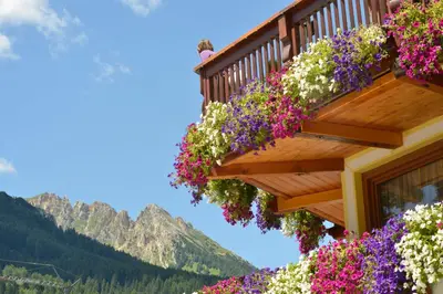 a balcony with flowers on the side of a house at Hotel Alle Alpi in Moena