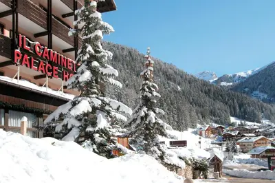a snow covered christmas tree in front of a hotel at Hotel il Caminetto Sport in Canazei