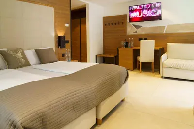 a bedroom with a bed and a desk and a chair at Hotel Bellevue in Canazei
