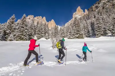 three people are cross country skiing in the snow at Hotel Villetta Maria Cottage in Canazei