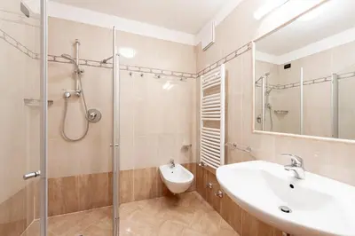 a bathroom with a sink and a shower at Hotel Villetta Maria Cottage in Canazei