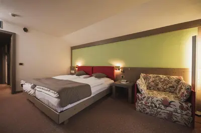 a bedroom with a bed and a table and a desk at Hotel Rubino Deluxe in Campitello di Fassa