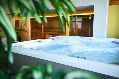 a jacuzzi tub in a room with a plant at Hotel Grohmann in Campitello di Fassa