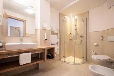 a bathroom with a sink toilet and a shower at Hotel Baumwirt in Castelrotto