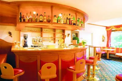 a bar in a restaurant with a lot of bottles at Mirabell Alpine Garden Resort & Spa in Siusi