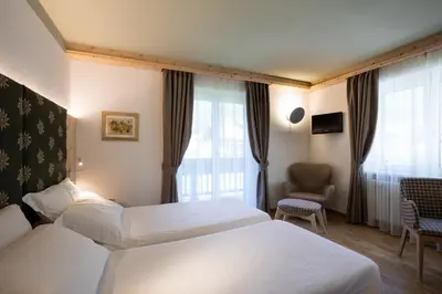 a hotel room with two beds and a window at Hotel Medil in Campitello di Fassa