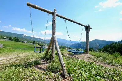 a swing in a field with mountains in the background at Agriturismo Reinhof in San Felice