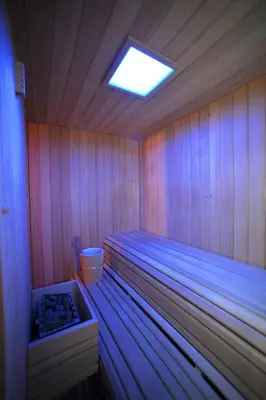 a large wooden sauna with a light on the ceiling at Hotel Bucaneve in Moena