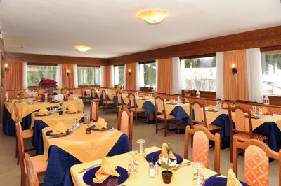 a dining room filled with tables and chairs at Hotel Bucaneve in Moena