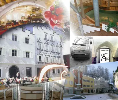 a collage of pictures of buildings and cars at Hotel Krone in Brunico