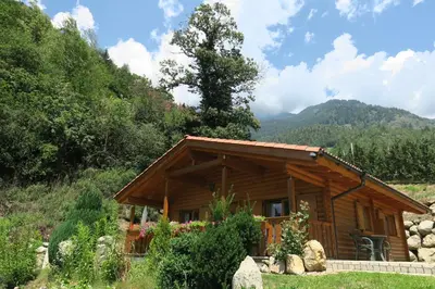 a log cabin in the mountains with mountains in the background at Winklerhof in Parcines