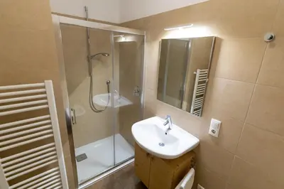a bathroom with a sink and a shower at Agalma in Brunico