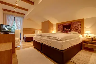 a bedroom with a large bed and a television at Hotel Burgfrieden in Gais