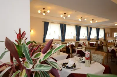a restaurant with white tables and chairs and blue curtains at Park Hotel Avisio in Soraga