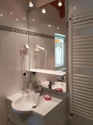 a bathroom with a sink and a mirror at Garni Rubens B&B in Selva di Val Gardena