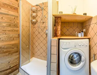 a washing machine in a bathroom with a shower at Laurino Apartment in Campitello di Fassa