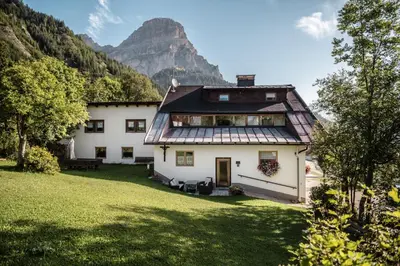 a white house with a mountain in the background at Pension Pcei in Picciai