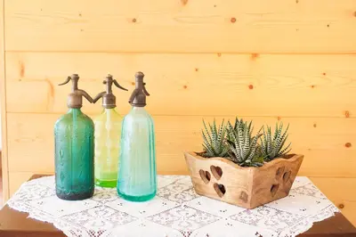 three bottles sitting on a table with a potted plant at Hotel Meisules in Selva di Val Gardena