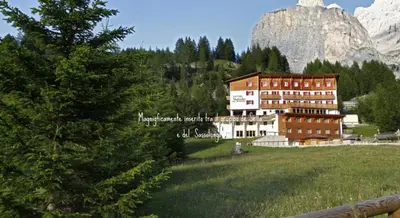 a large building in a field in front of a mountain at Hotel Meisules in Selva di Val Gardena