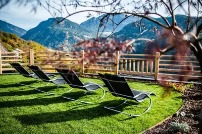four chairs sitting in the grass in front of a fence at Balgnerhof in Laion