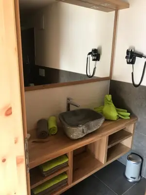 a bathroom with a sink and a mirror at Balgnerhof in Laion