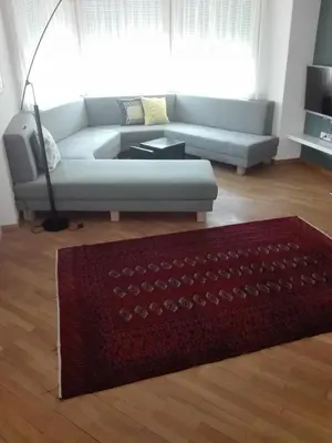 a living room with a couch and a red rug at Torilan in Terlano