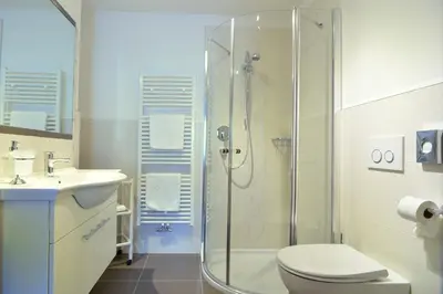 a bathroom with a shower and a toilet and a sink at Apartment Plan de Socrep in Santa Cristina in Val Gardena